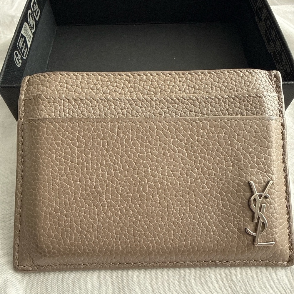 Yves Saint Laurent Pebbled Leather Card Holder in Taupe